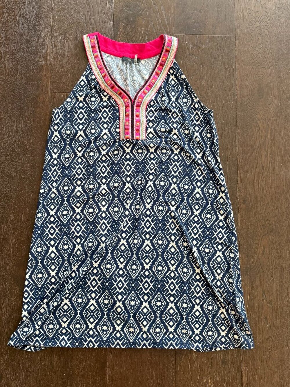 THML Navy Aztec Print Shift Dress with Embroidered Trim